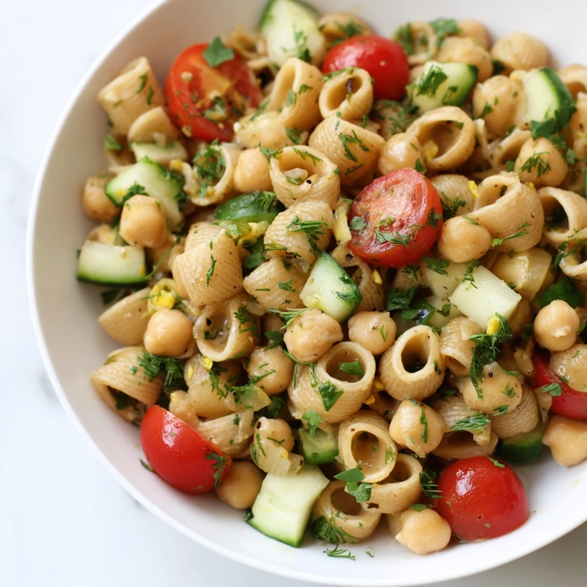 Bright, fresh Lemon Herb Chickpea Pasta Salad with cucumbers, tomatoes, and feta on a white plate.