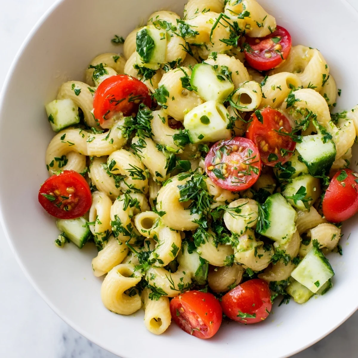 Zesty Lemon Herb Chickpea Pasta Salad tossed with dill and mint, ready for a summer picnic.