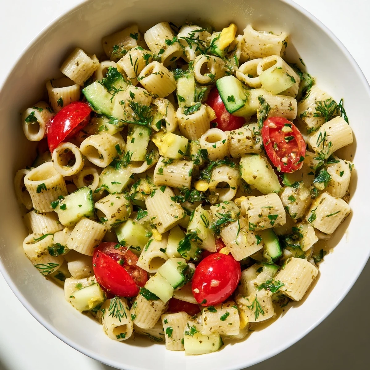 Close-up of Lemon Herb Chickpea Pasta Salad showing chickpea pasta, crisp veggies, and zesty lemon dressing.