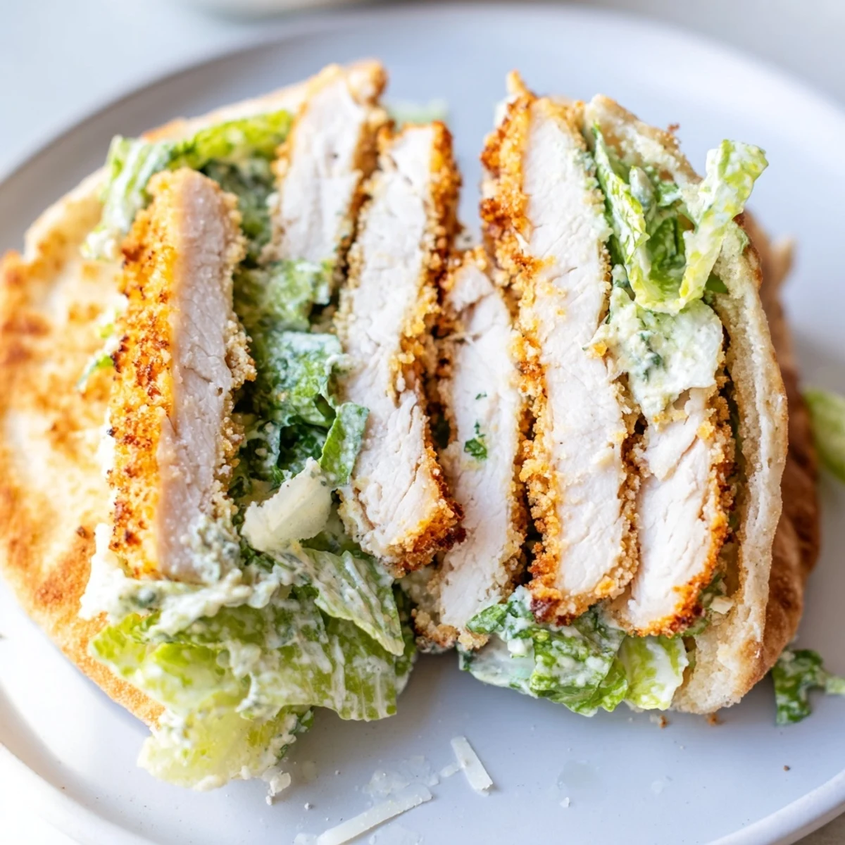 Crispy herbed chicken Caesar pitas filled with crunchy romaine, shaved Parmesan, and warm pita pockets.