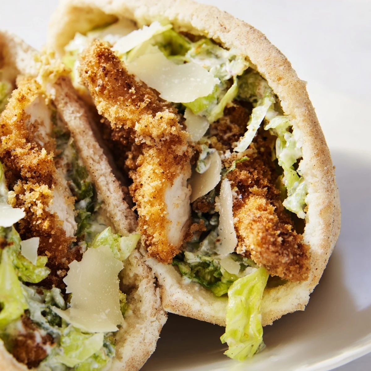 Tender herbed chicken cutlets with crisp panko crust inside warm pitas, topped with fresh Caesar salad.