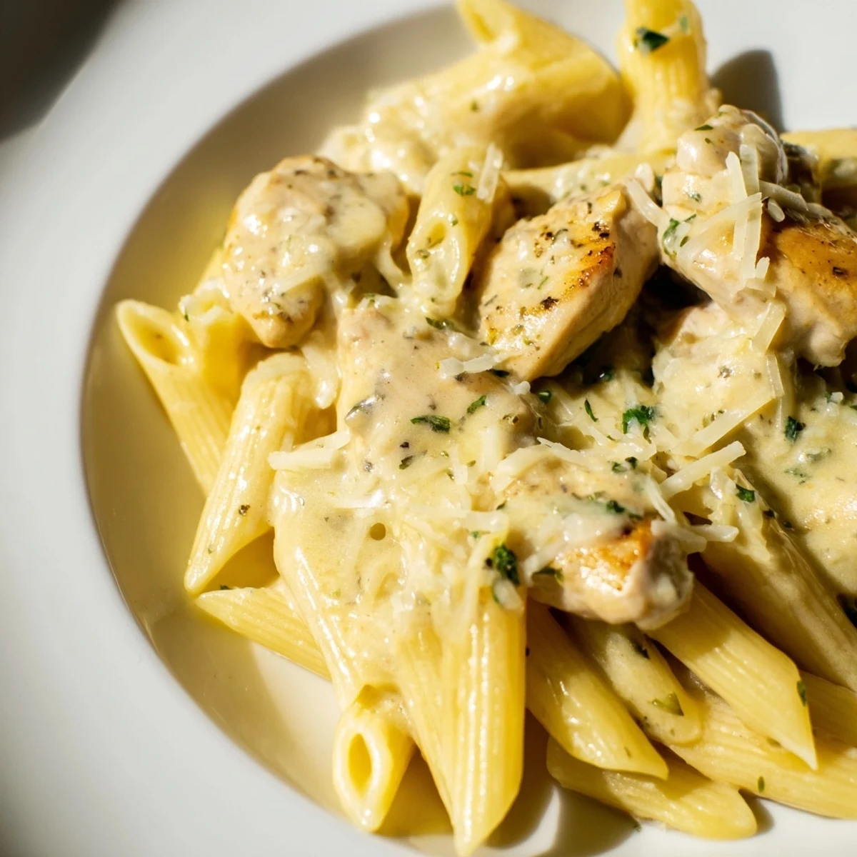 Tender penne pasta and roasted chicken pieces drenched in a rich, creamy roasted garlic sauce, garnished with fresh parsley.  