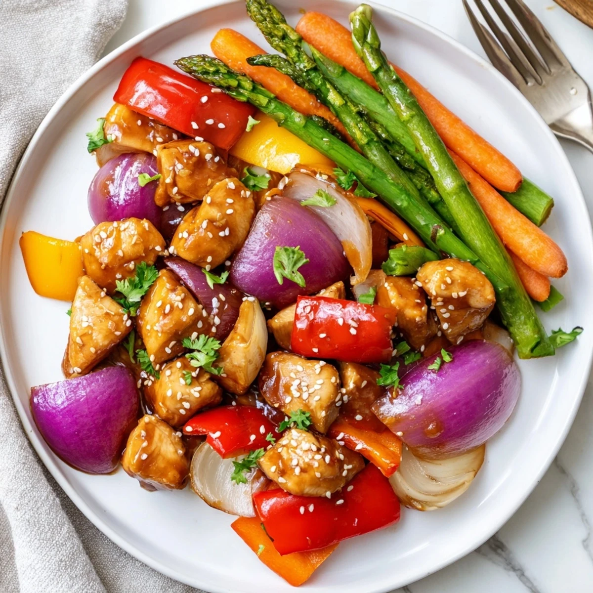 Roasted bite-sized chicken and vibrant spring vegetables coated in a glossy honey garlic sauce, served on a sheet pan.