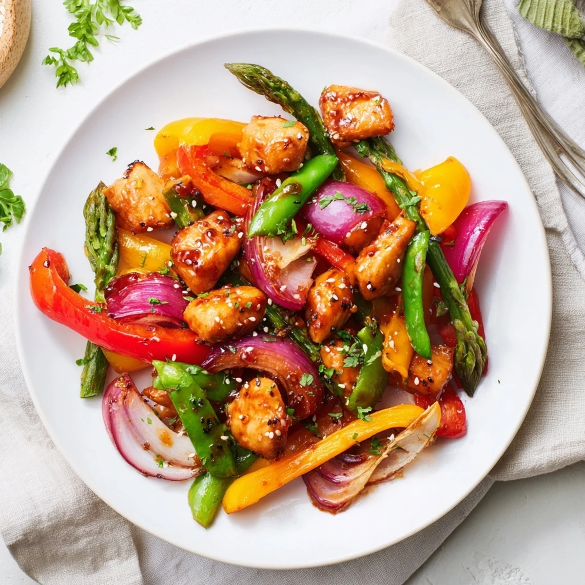 Tender Sheet Pan Honey Garlic Chicken with colorful bell peppers, asparagus, and carrots roasted alongside a sweet-savory glaze.