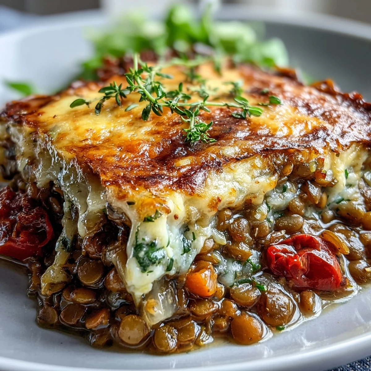 Golden-brown Green Lentil and Vegetable Casserole fresh from the oven, with melted cheese and chopped parsley on top.