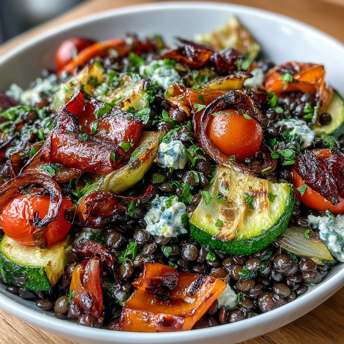Vibrant black lentil salad with colorful roasted vegetables and a tangy lemon dressing.