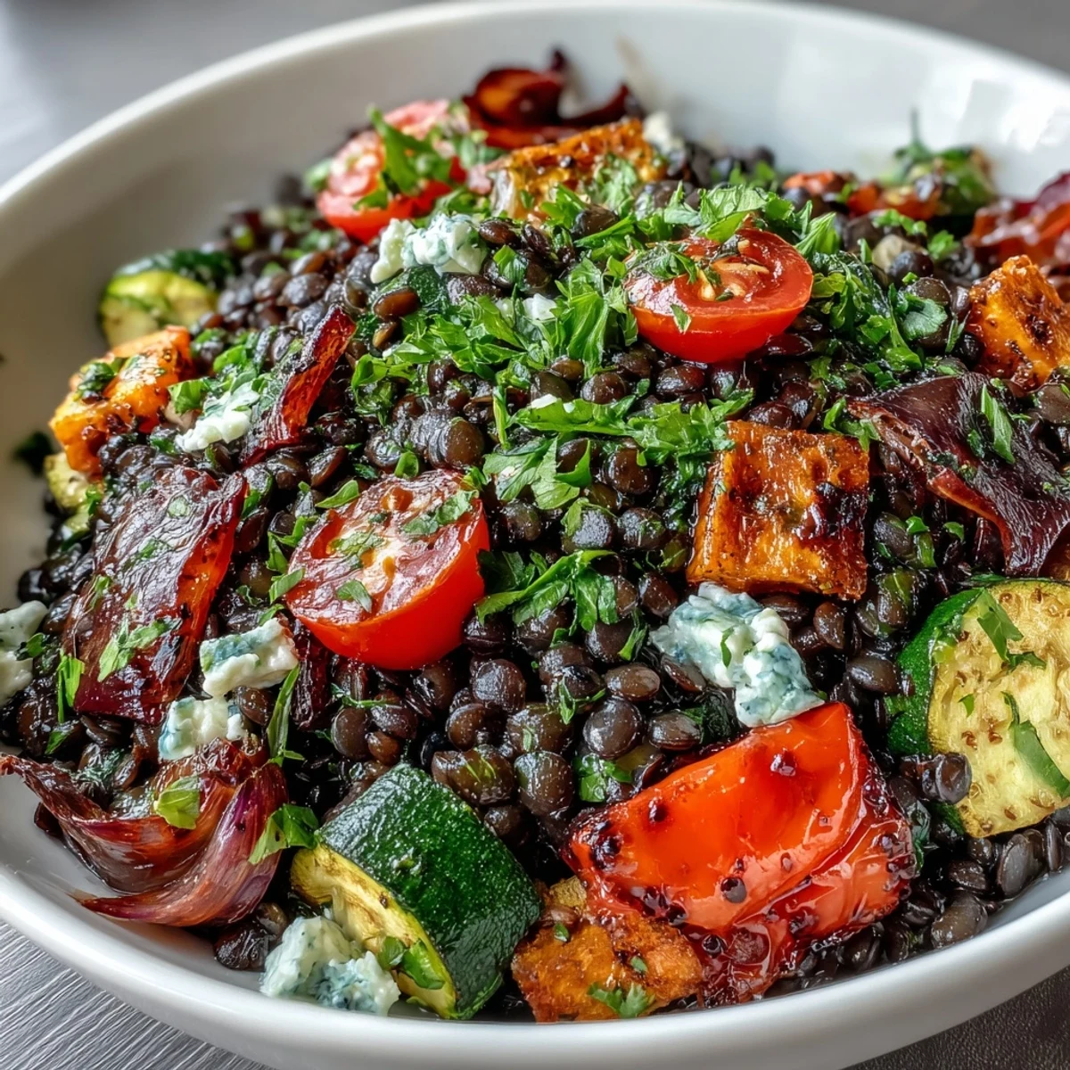 Deliciously seasoned black lentil salad, a nourishing and easy Mediterranean-inspired dish.