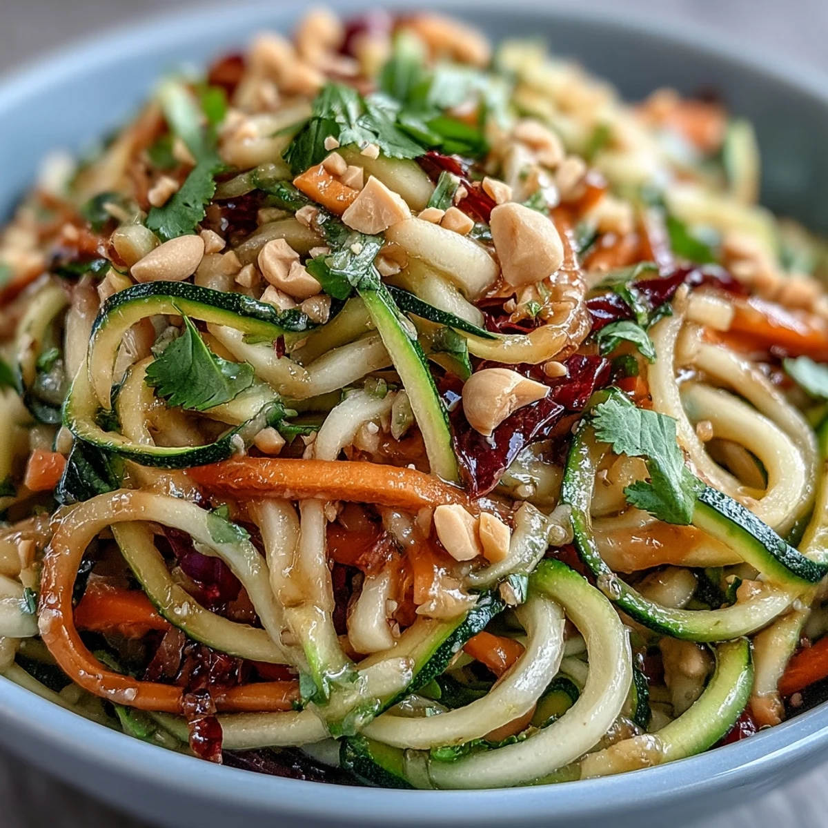 Vibrant raw vegetable noodle salad with spiralized zucchini and carrots in a zesty sesame-ginger dressing, garnished with sesame seeds and fresh cilantro for a refreshing lunch.