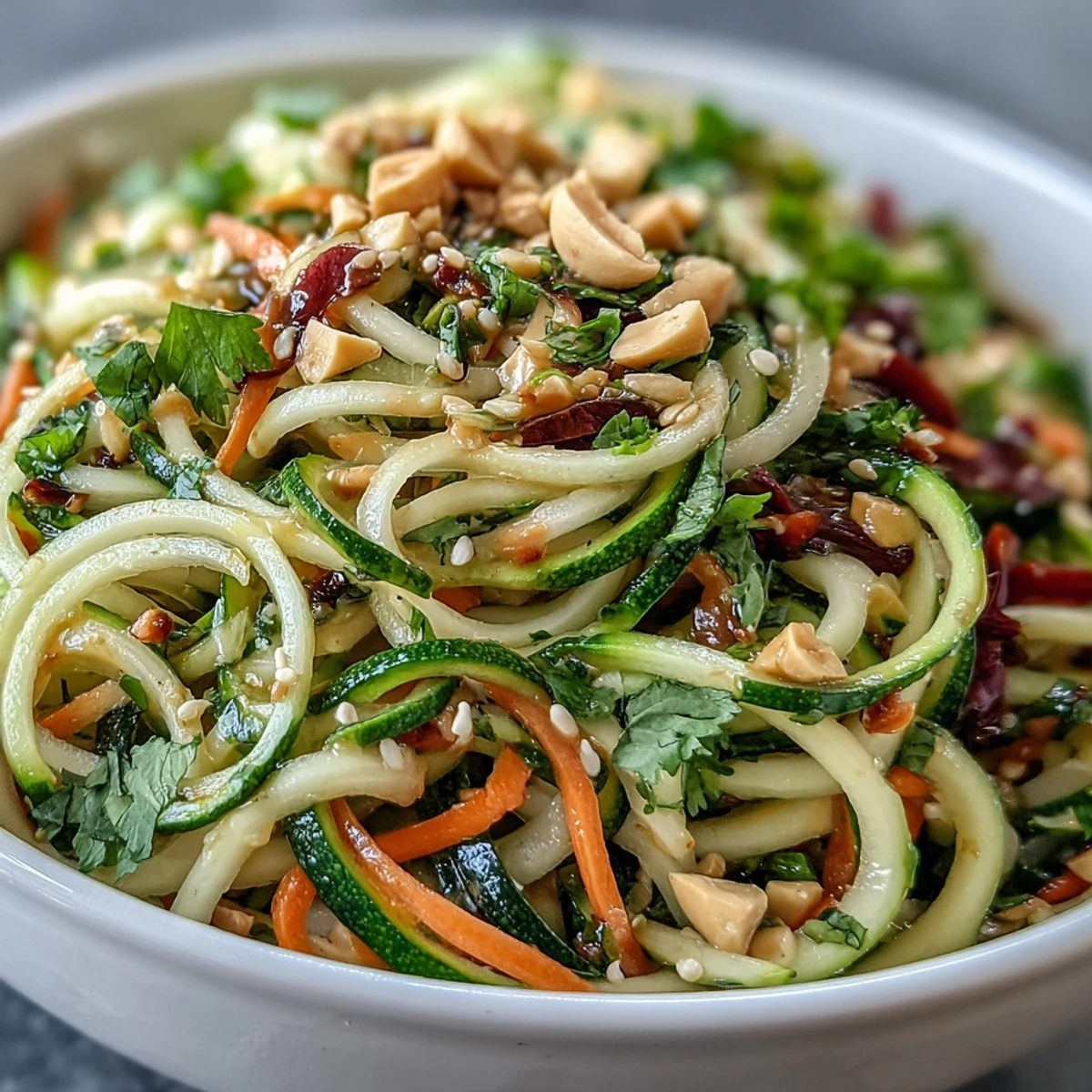 A colorful bowl of raw vegetable noodle salad, featuring spiralized cucumber and red cabbage tossed in a tangy Asian-inspired dressing with crunchy peanuts for texture.