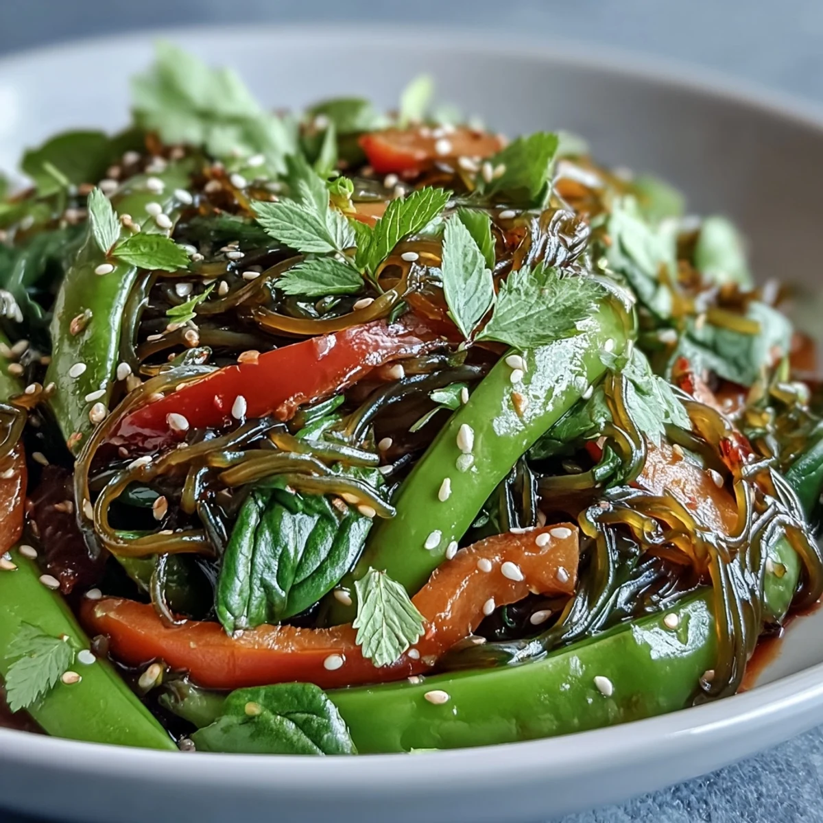 Vibrant Kelp Noodle Stir-Fry with crisp vegetables in a zesty ginger sauce, served fresh for a light, healthy meal.  