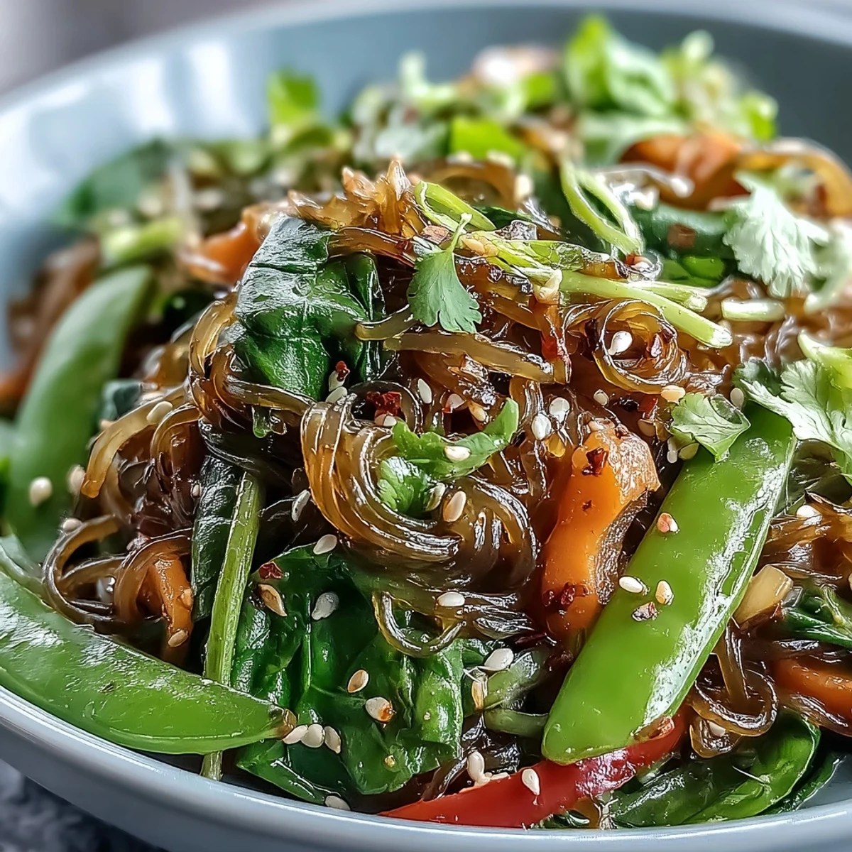 Quickly prepared Kelp Noodle Stir-Fry, topped with fresh cilantro and lime wedges, ideal for a vegan, gluten-free dinner.