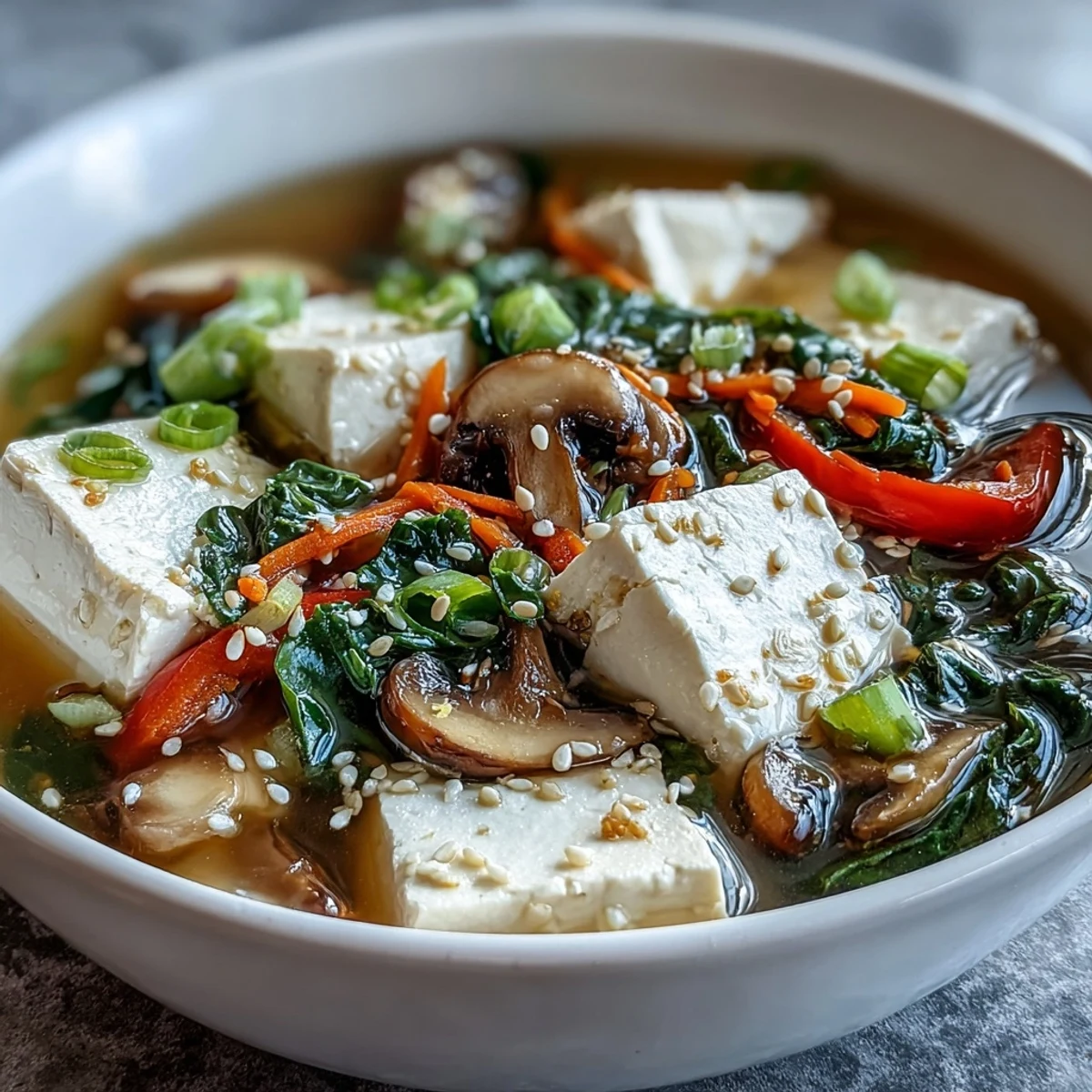 Bright orange carrots, green bok choy, and red bell pepper float in this light, comforting Asian-inspired Tofu and Vegetable Soup, ready to serve hot.  