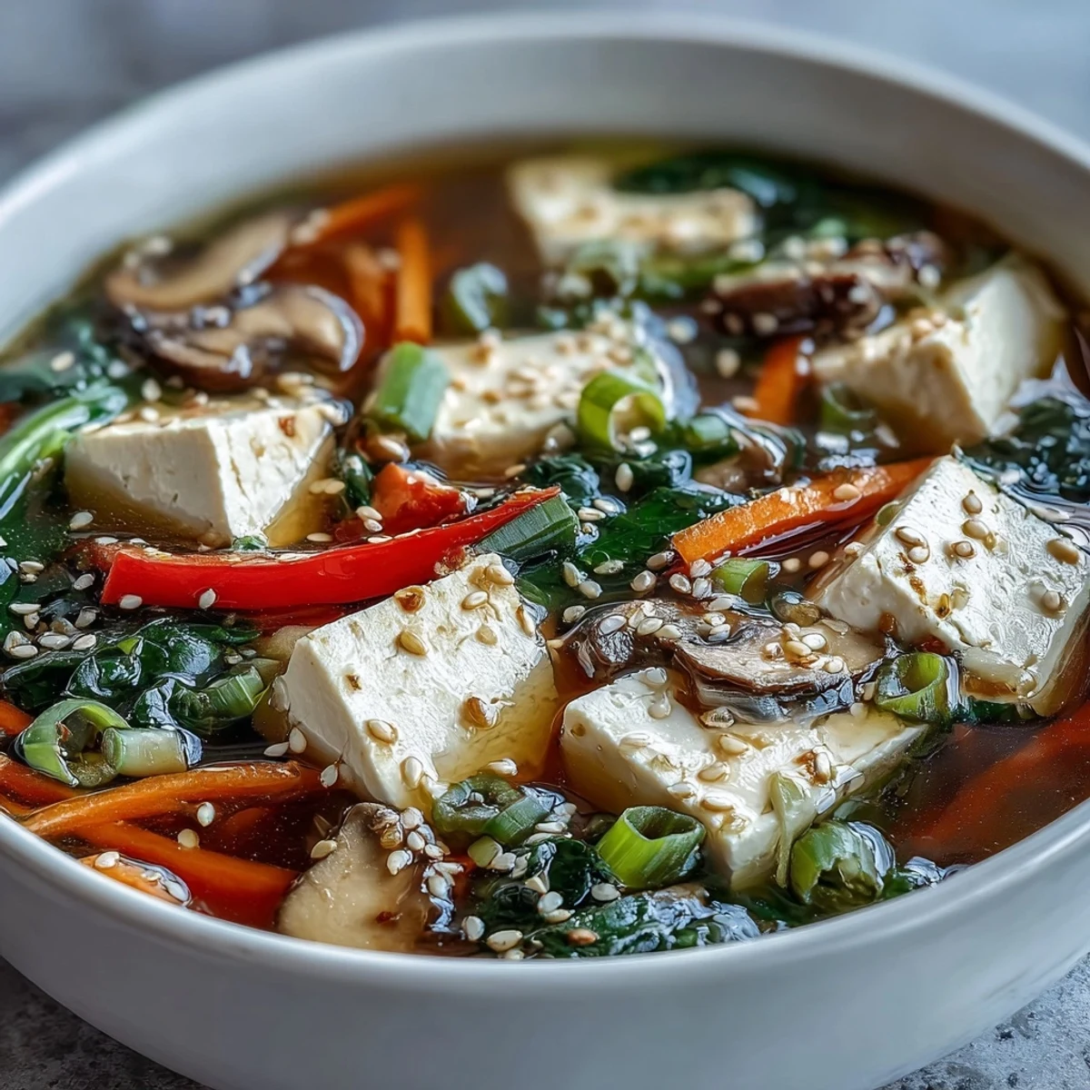A steaming bowl of Tofu and Vegetable Soup showcases silken tofu cubes and vibrant veggies in a clear broth, garnished with fresh cilantro and sesame seeds.  