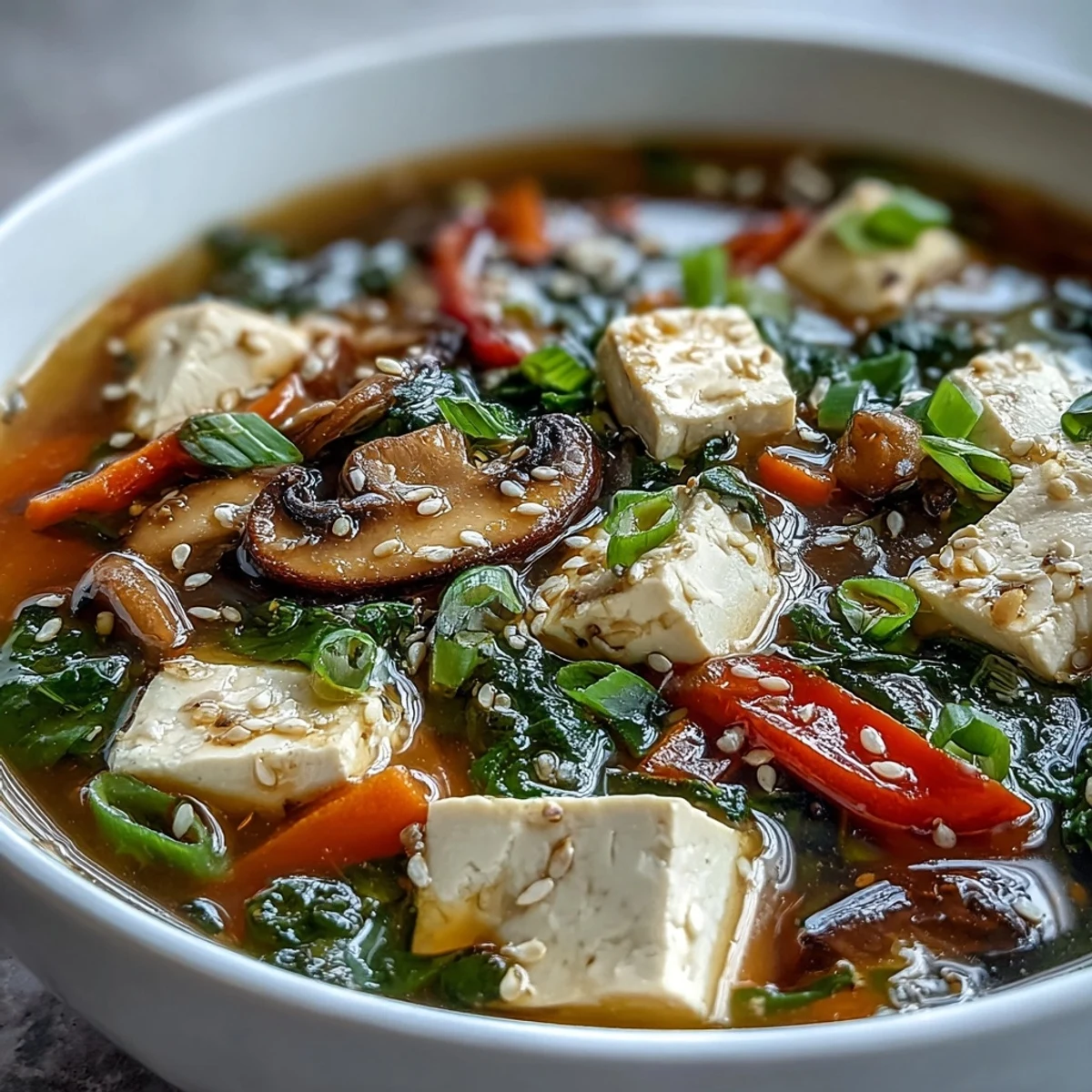 Ladle the aromatic Tofu and Vegetable Soup into white bowls, featuring tender shiitake mushrooms, crisp vegetables, and delicate silken tofu in a savory broth.