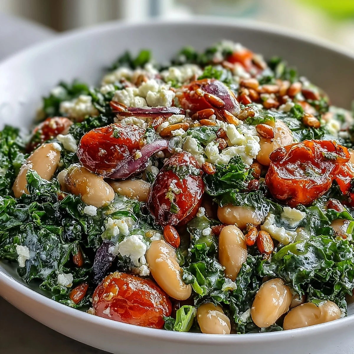 Hearty white bean and kale salad with bright lemon-garlic dressing, perfect for lunch.