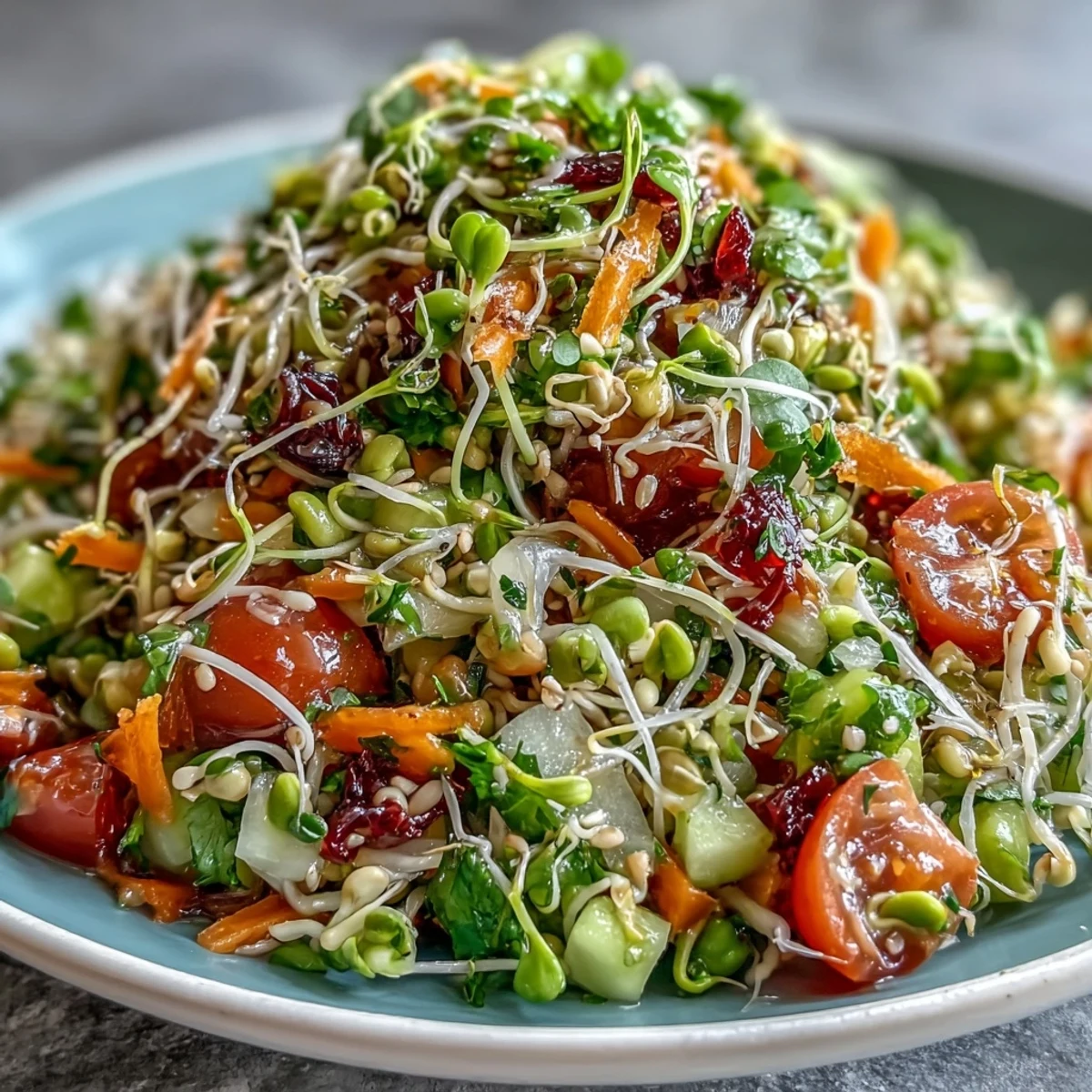 A close-up of a colorful Sprouted Seed Salad with mung bean, alfalfa, and radish sprouts mixed with diced vegetables in a light dressing.