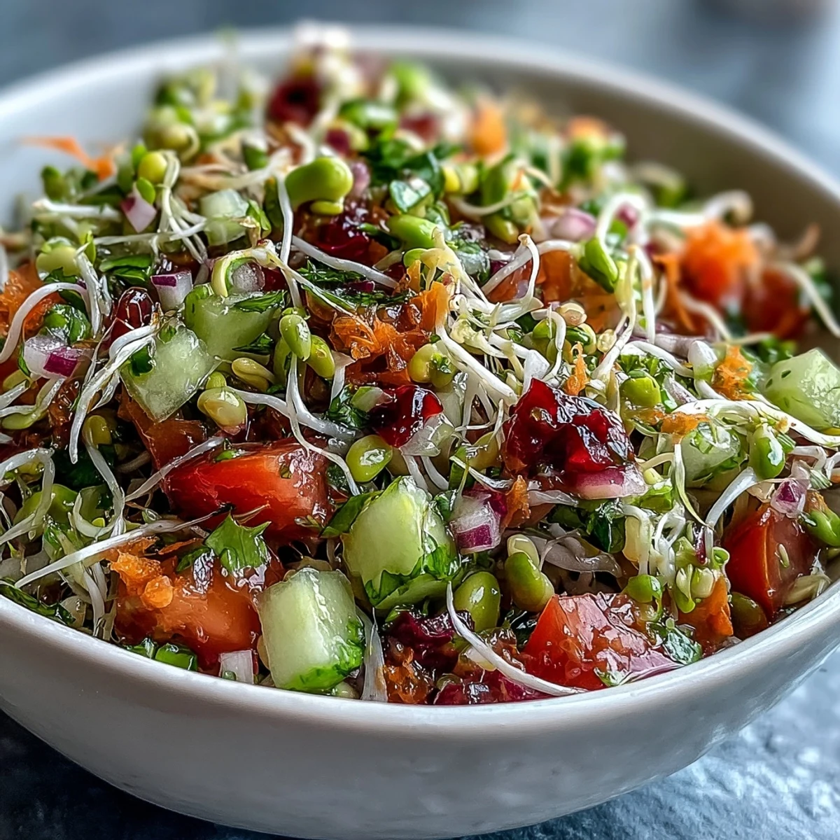 The finished Sprouted Seed Salad served in a white bowl, showcasing crisp cucumber, juicy tomato, and grated carrot garnished with fresh cilantro.