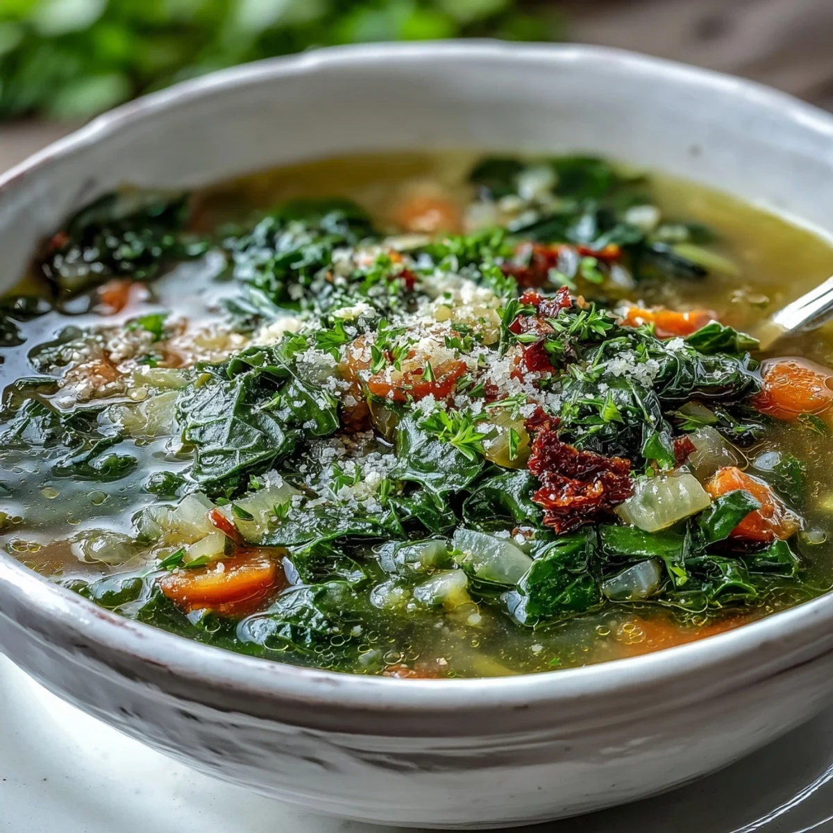 Steaming bowl of Swiss Chard Soup with tender greens, carrots, and celery in a golden broth, garnished with fresh parsley.