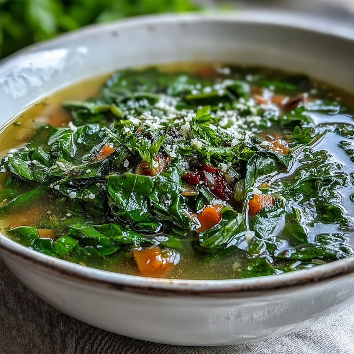 Bright green Swiss Chard Soup ladled into white bowls, featuring leafy greens and a light, aromatic vegetable broth.
