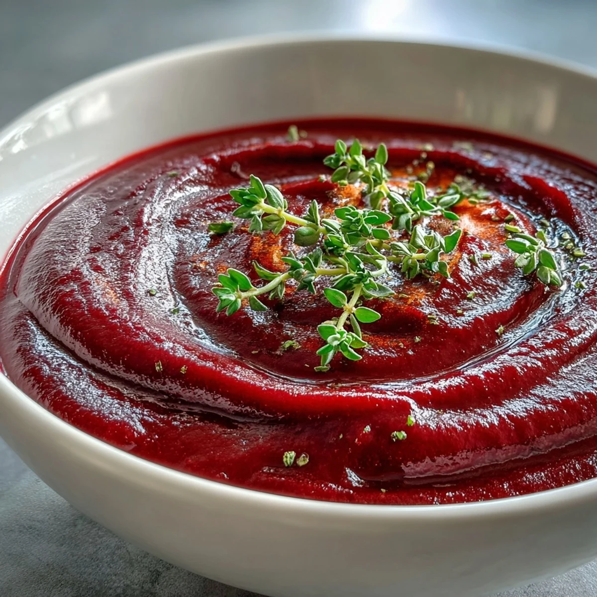 Velvety roasted beet soup served in a rustic ceramic bowl with a slice of crusty bread on the side.  