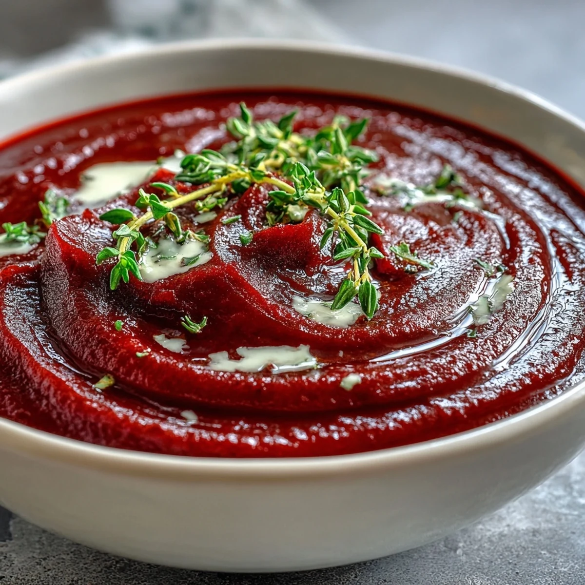 A spoon dips into creamy roasted beet soup, revealing its rich, deep red color and smooth texture.