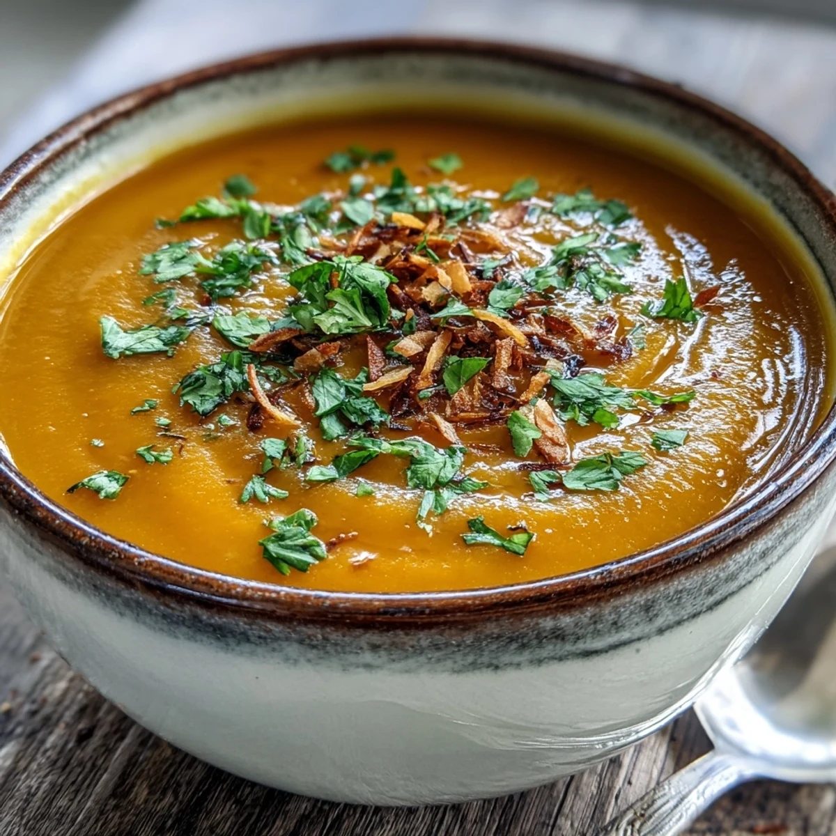 Creamy carrot and coconut soup served in a rustic bowl with a lime wedge on the side.