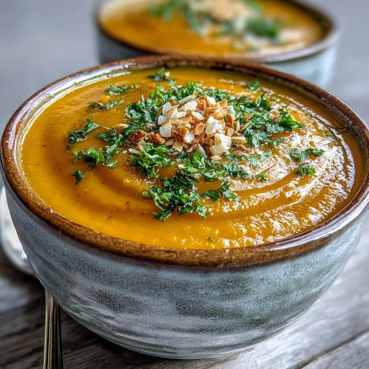 Velvety carrot and coconut soup in a white bowl, garnished with cilantro and a spoonful of coconut flakes.