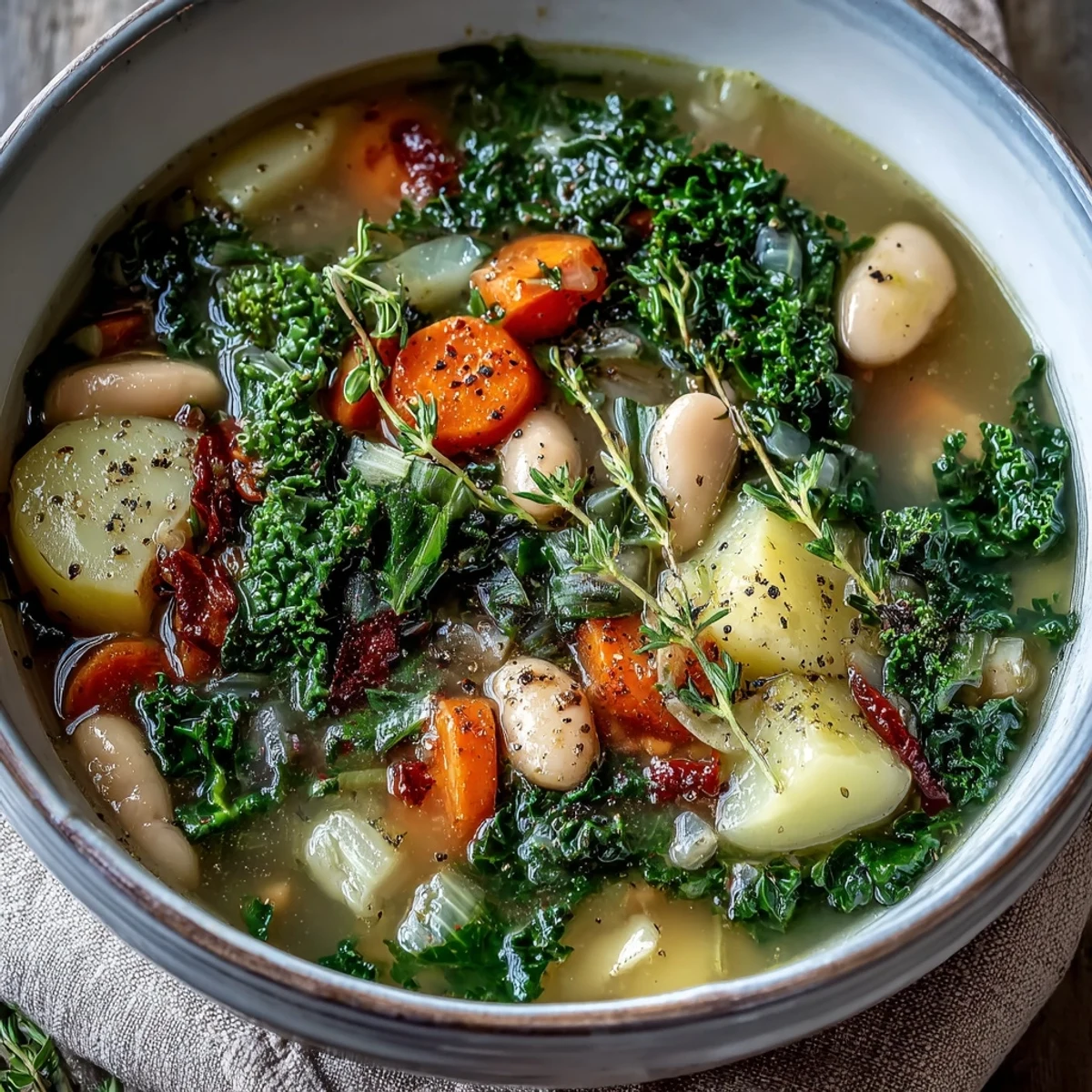 A warm bowl of homemade Kale Soup filled with tender kale, carrots, and creamy cannellini beans.  