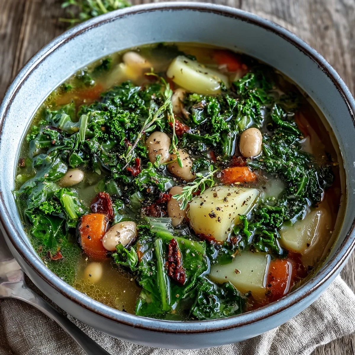 Rustic Kale Soup simmering with root vegetables and spices in a pot for a nourishing meal.