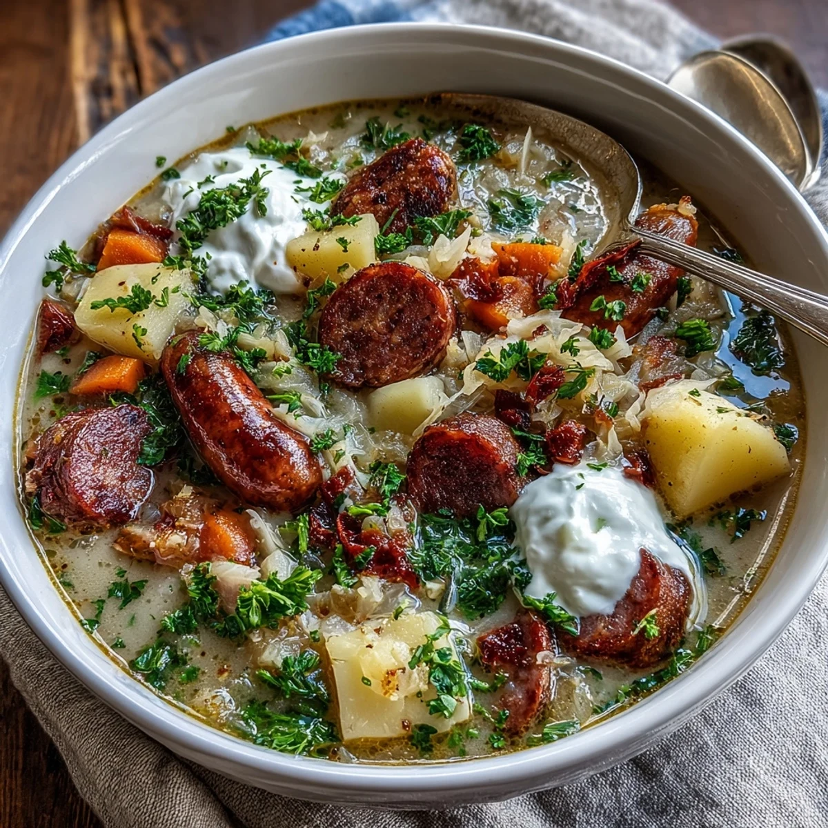 A warm bowl of homemade Sauerkraut Soup garnished with fresh parsley and a dollop of sour cream.