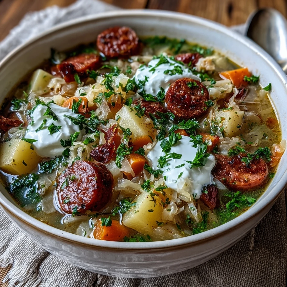 Ready-to-serve Sauerkraut Soup topped with creamy sour cream and parsley, beside crusty rye bread.