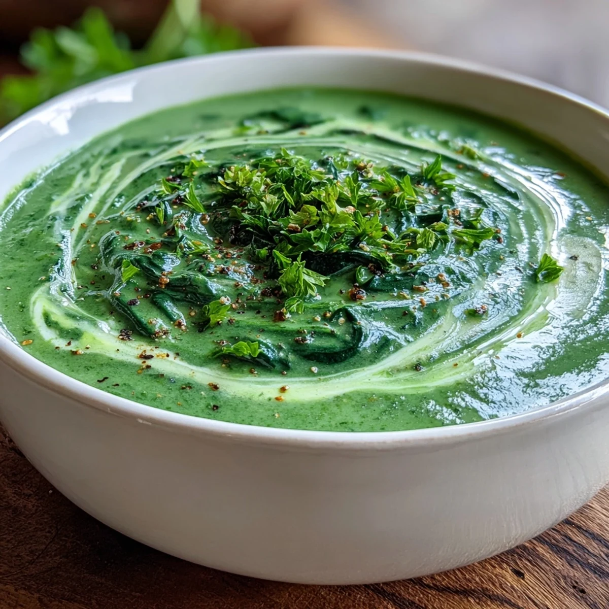 Creamy spinach soup served in a white bowl with a swirl of cream and black pepper.
