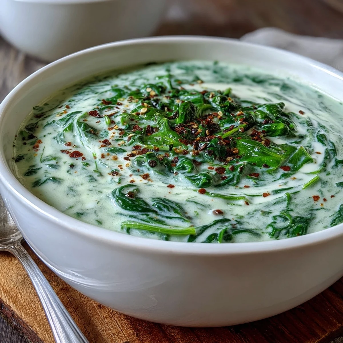 A bowl of homemade spinach soup garnished with a dollop of yogurt and fresh herbs.