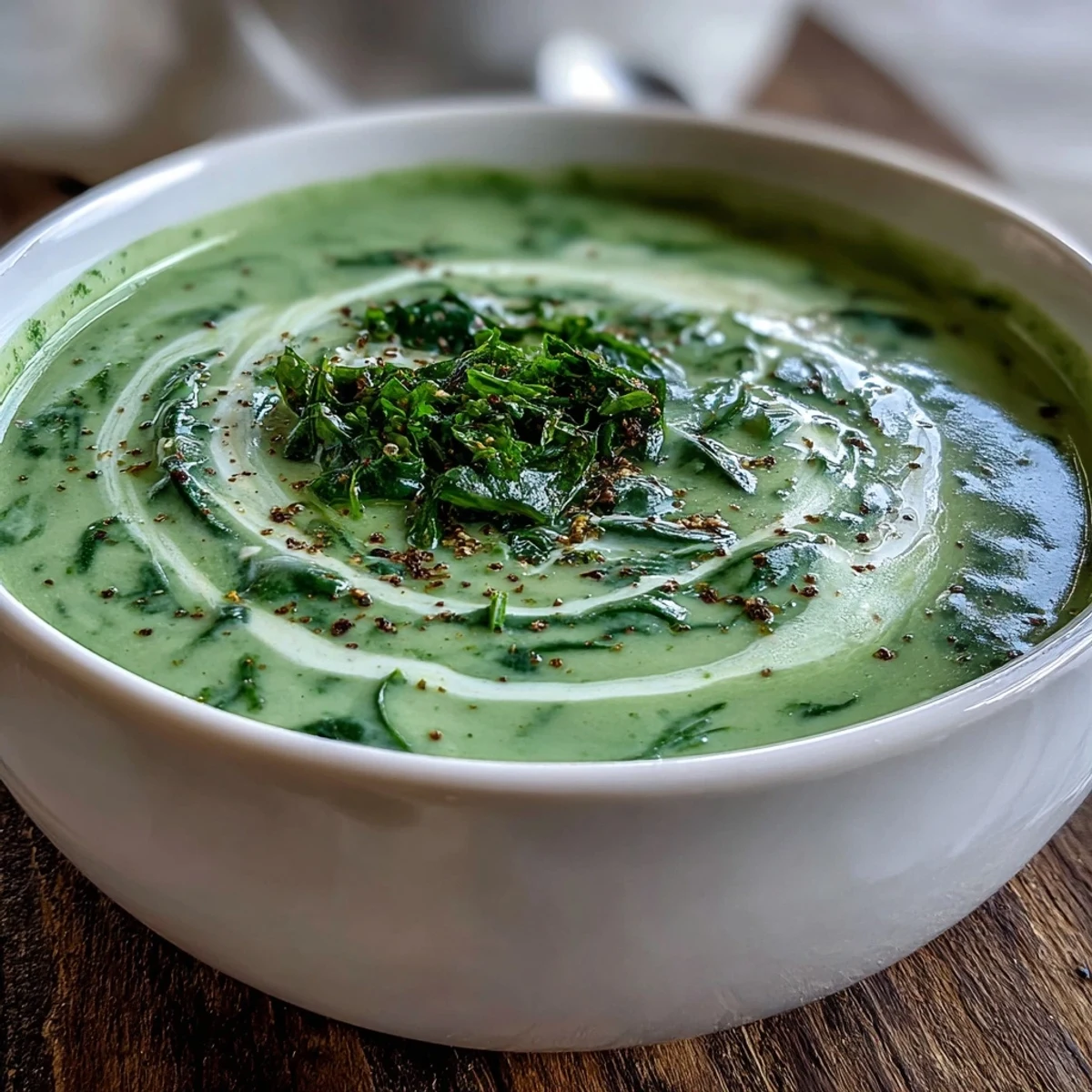 Velvety spinach soup in a rustic mug, steam rising, perfect for a cozy light lunch.