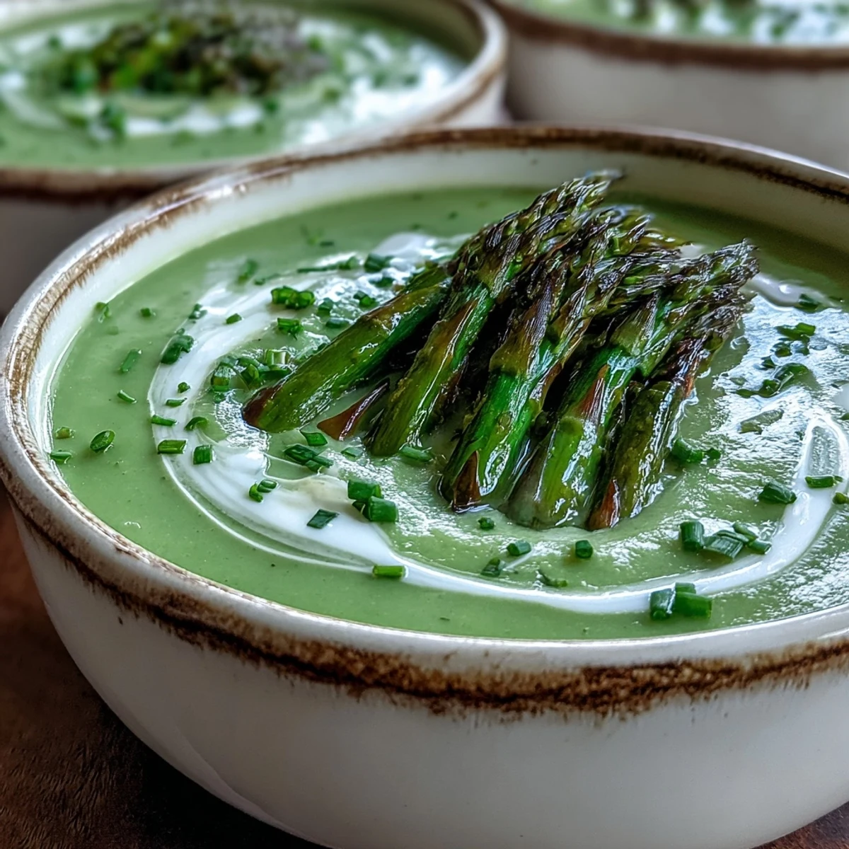 Velvety green asparagus soup in a white ceramic bowl, steam rising beside a crusty bread slice.  