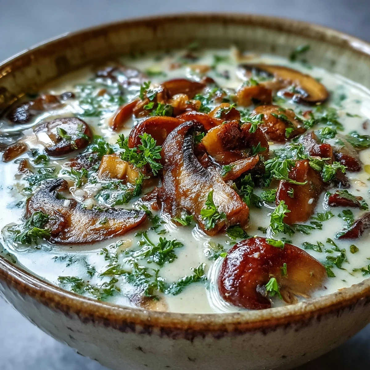 A steaming bowl of creamy mushroom soup garnished with fresh parsley, served alongside crusty artisan bread.