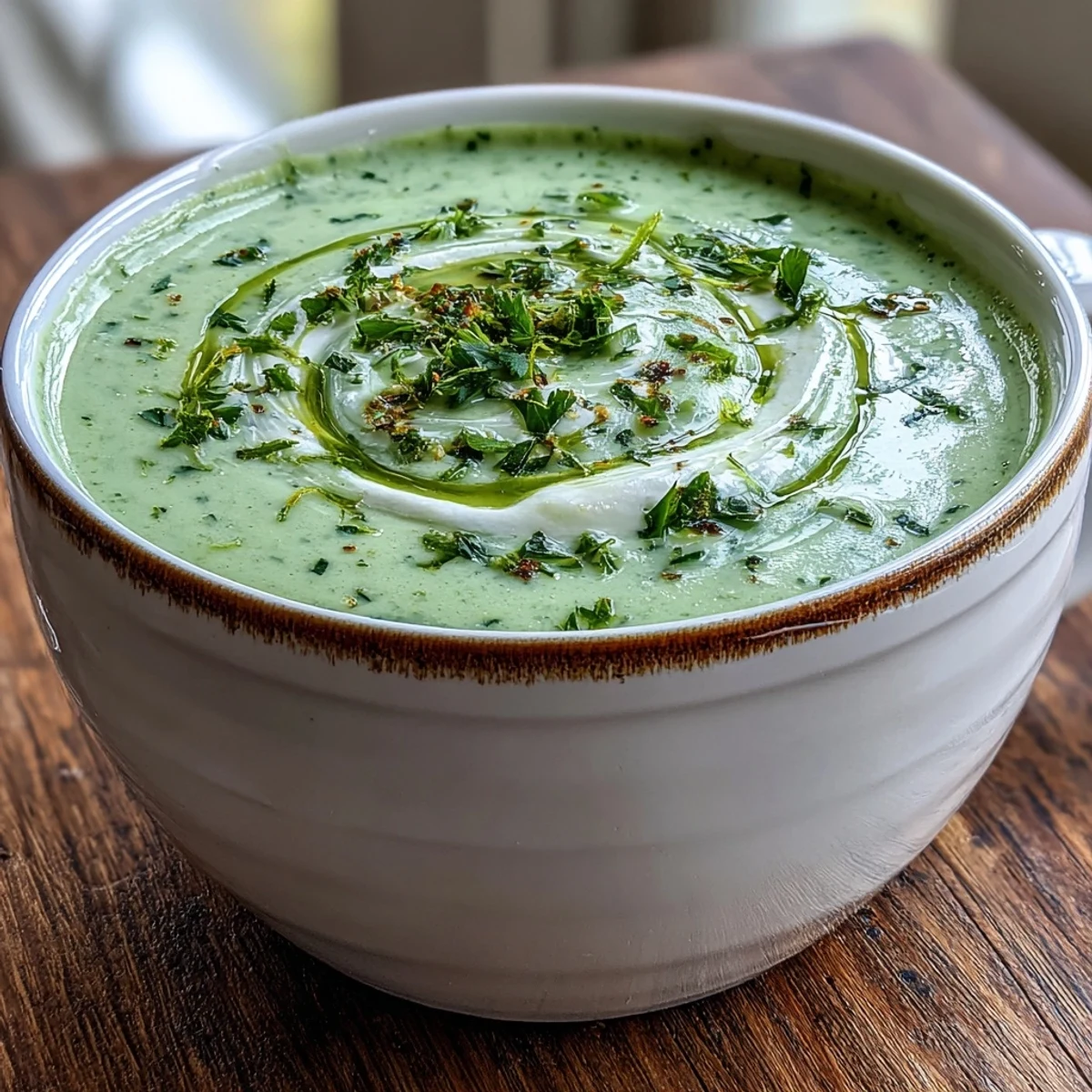Hearty Zucchini Soup served in a rustic bowl with a slice of crusty bread on the side for dipping.