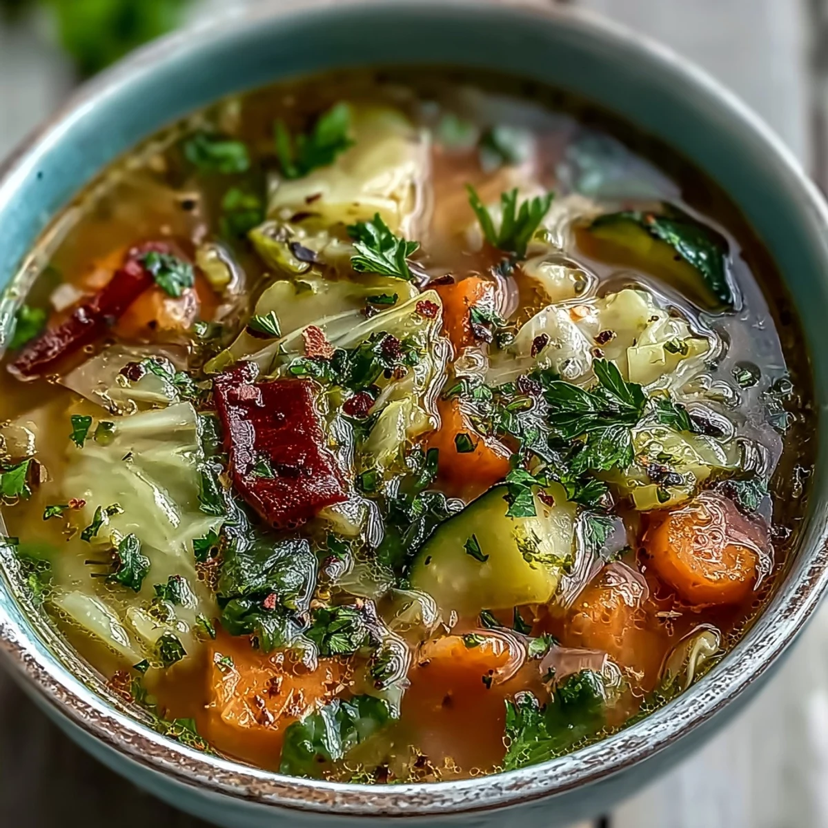 A steaming bowl of homemade Cabbage Soup filled with tender green cabbage, carrots, celery, and diced tomatoes in a savory vegetable broth.