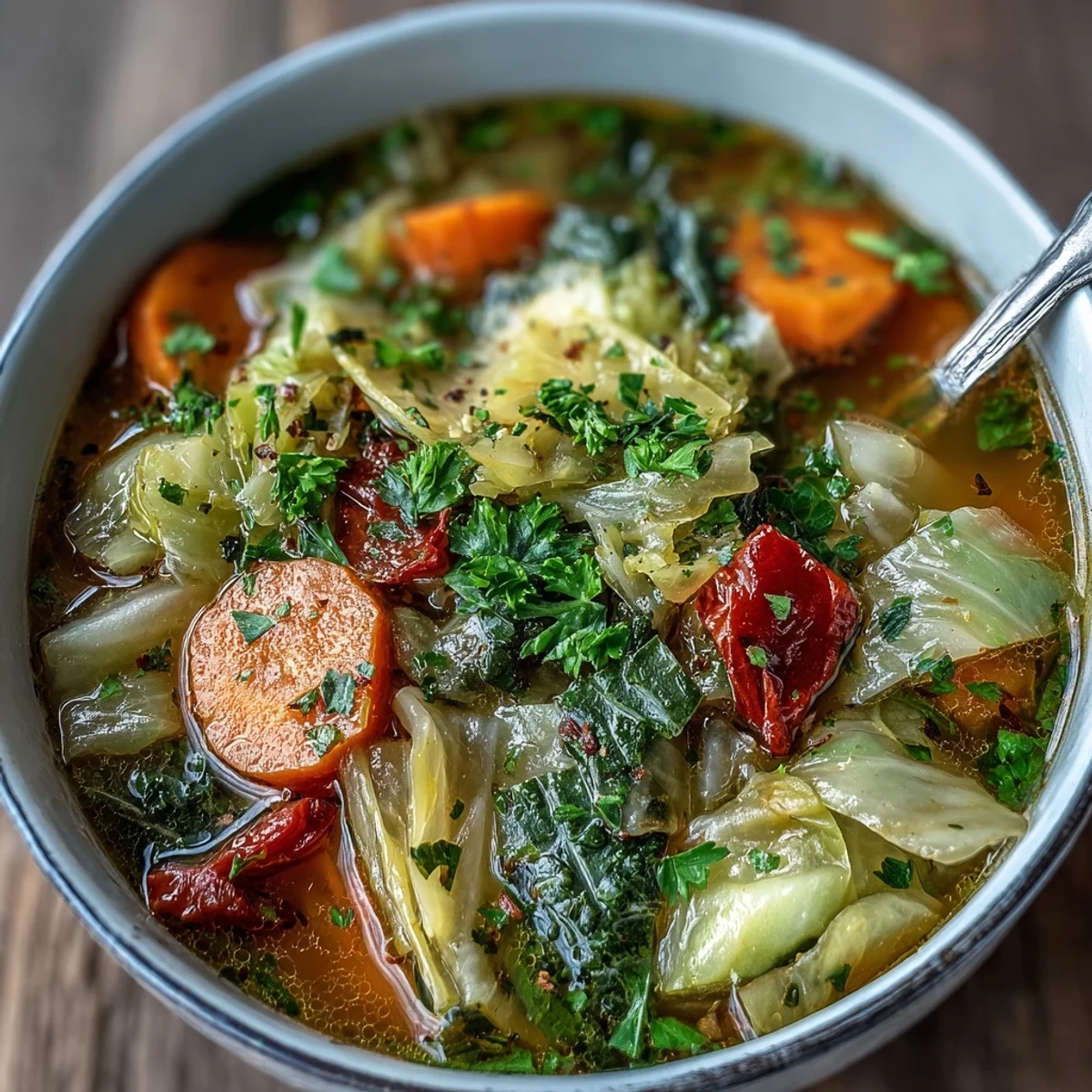 Healthy vegan Cabbage Soup served hot in a rustic ceramic bowl, garnished with fresh parsley and a slice of whole-grain bread on the side.