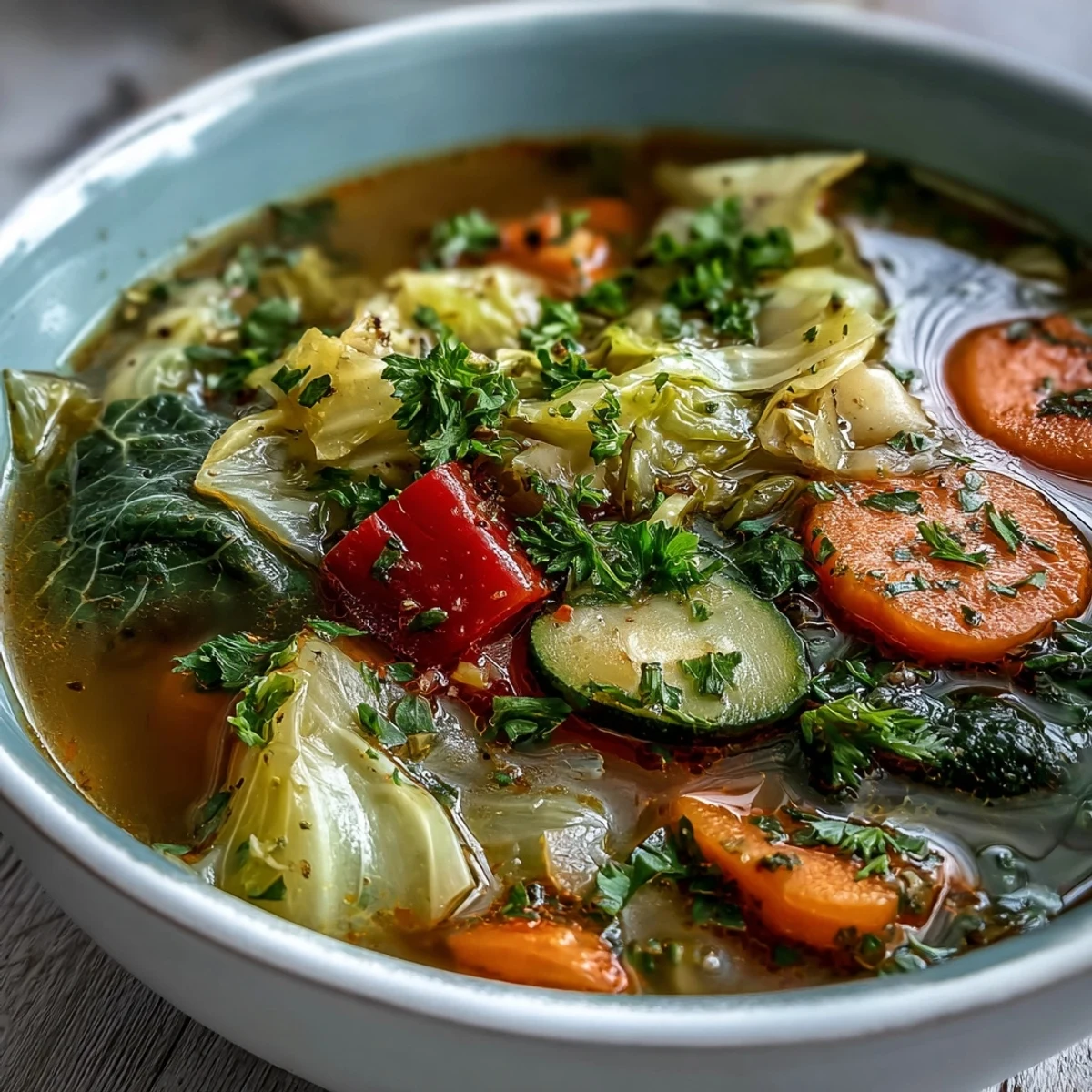 Comforting low-calorie Cabbage Soup simmering in a large pot, showcasing colorful vegetables like red bell pepper and zucchini in a flavorful broth.