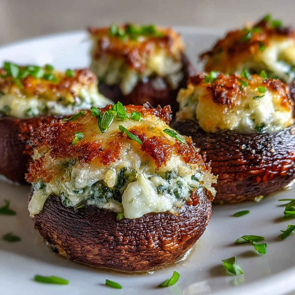 Baked Stuffed Asiago-Basil Mushrooms with crispy breadcrumbs topping, ideal for a vegetarian Italian-inspired appetizer.