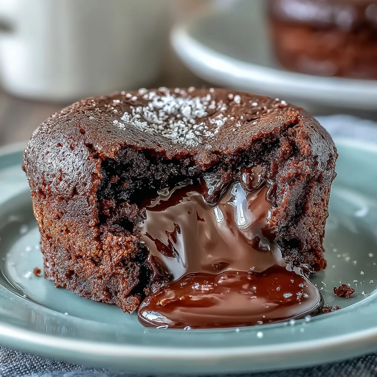 Four warm Chocolate Lava Cakes with Espresso sit on a plate, revealing molten centers and a dusting of powdered sugar next to a cup of coffee.