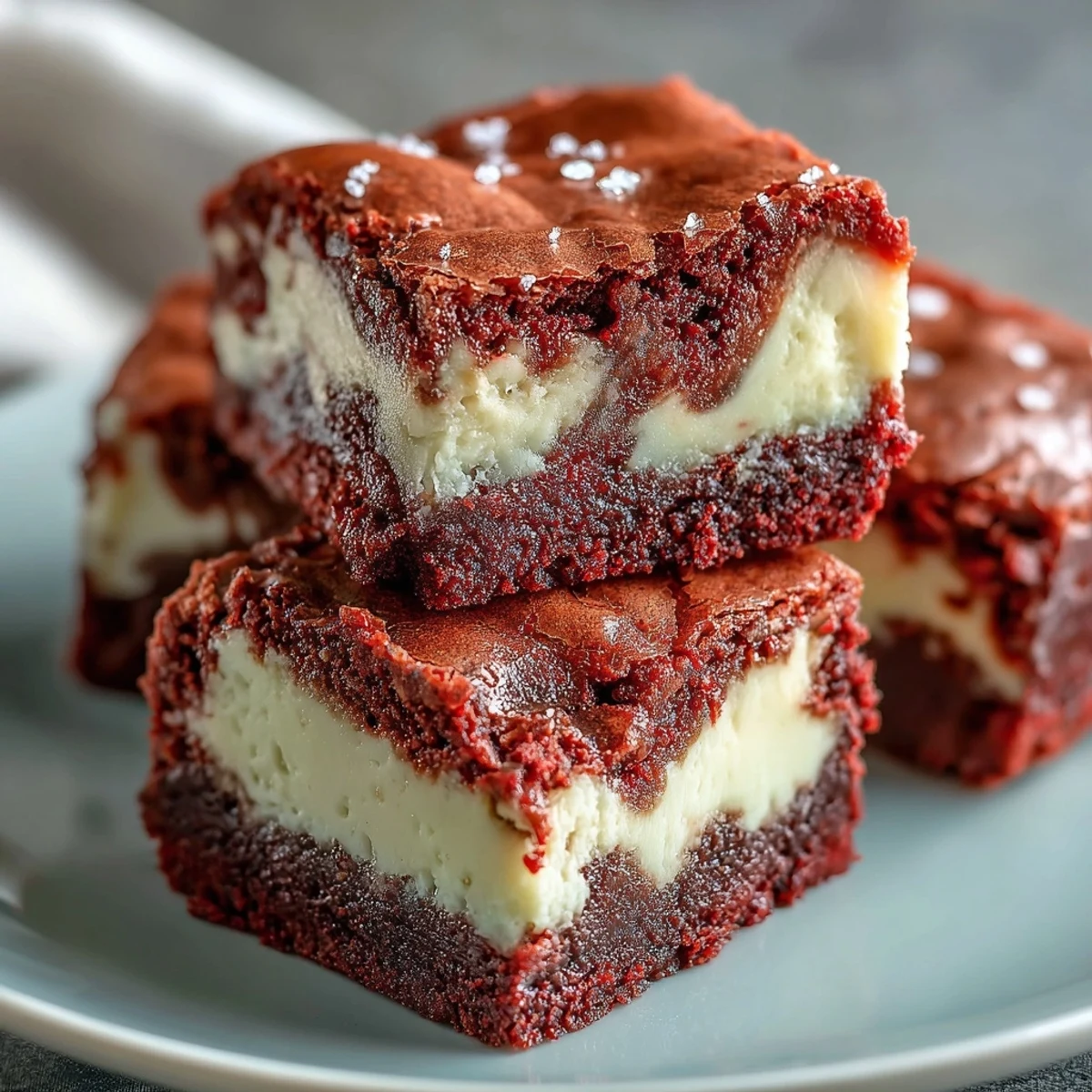 Frosted Red Velvet Cheesecake Brownies with white swirls on a marble slab, perfect for festive dessert parties.