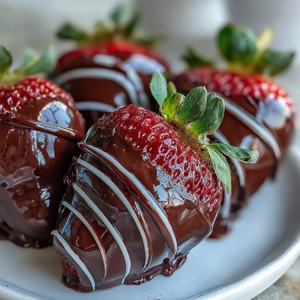 Freshly dipped chocolate-covered strawberries with glossy dark chocolate and green stems on parchment.