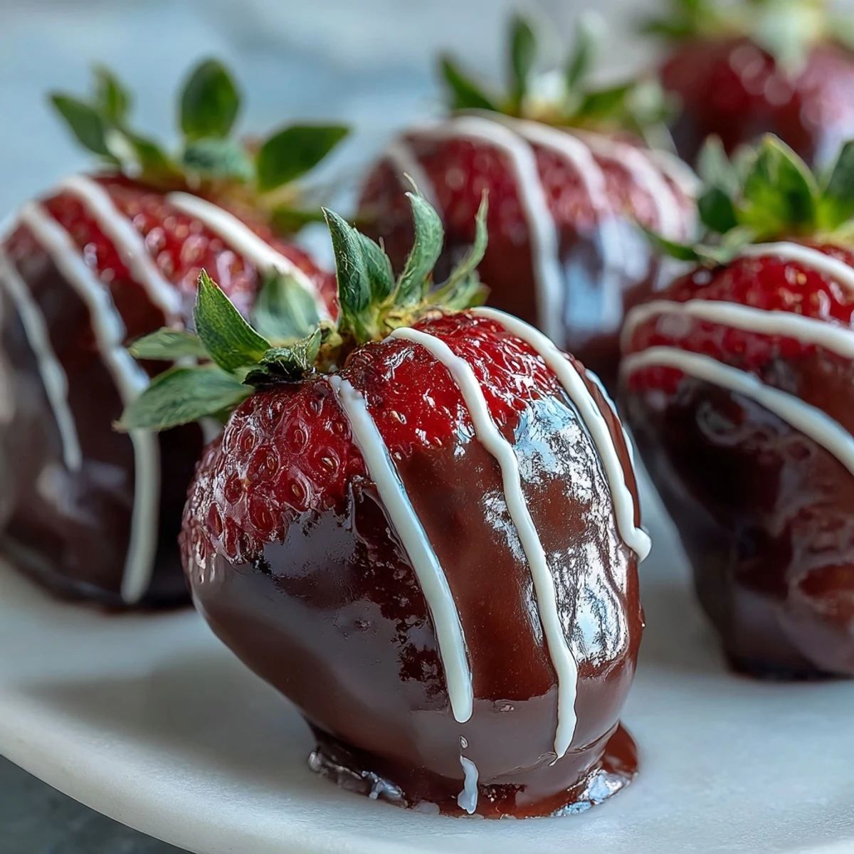 Close-up of rich chocolate-covered strawberries on a chilled tray, ideal for serving with champagne.