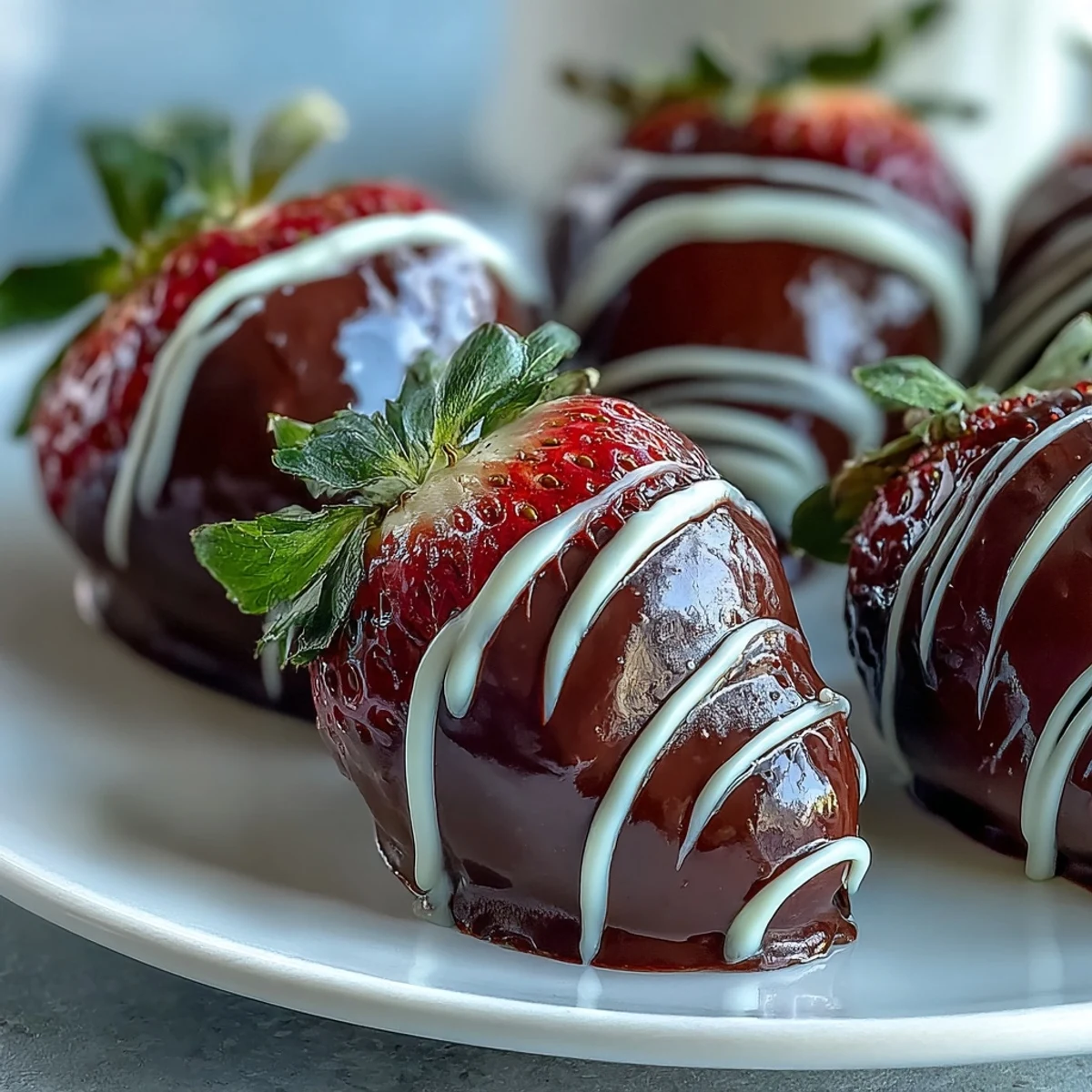 Chocolate-Covered Strawberries with white chocolate drizzle, perfect for romantic date nights or parties.