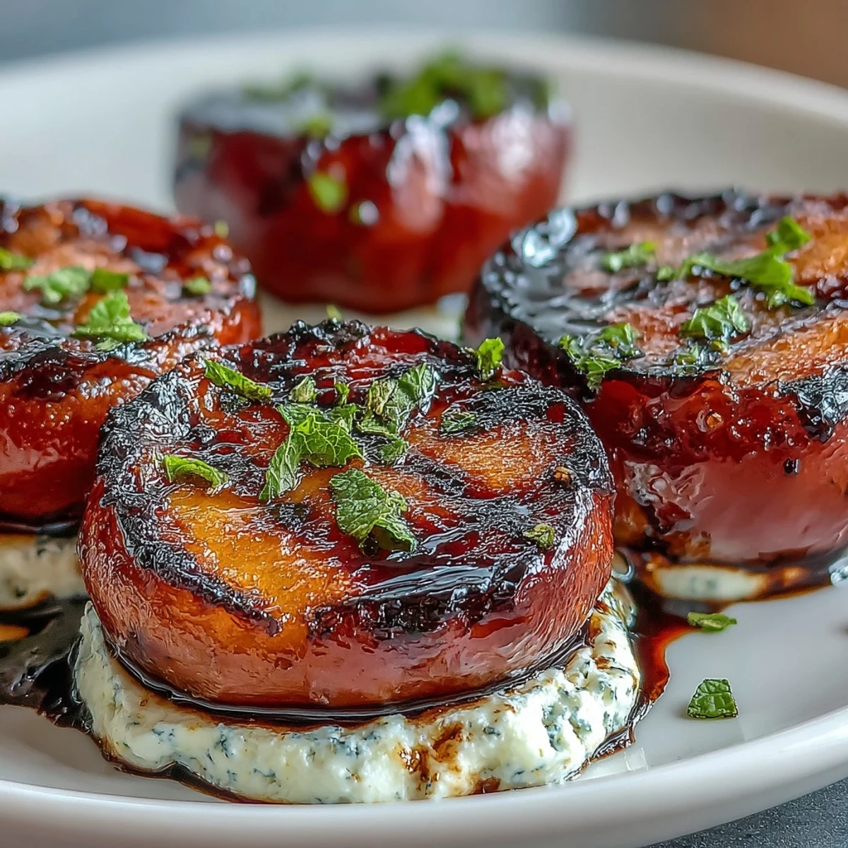 Grilled plums with goat cheese and balsamic glaze on a serving platter with fresh mint garnish.