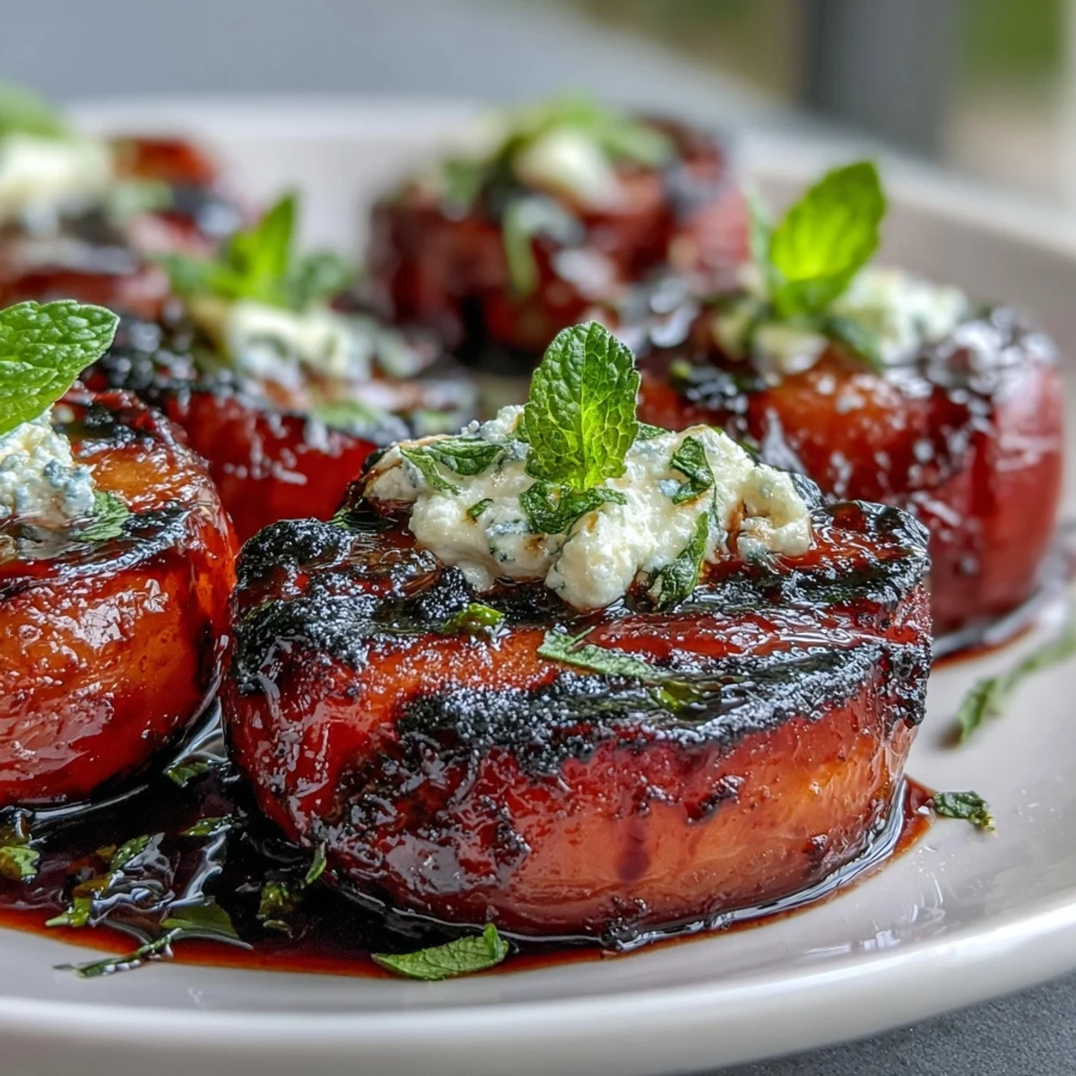 Golden grilled plums topped with creamy goat cheese and drizzled with sticky balsamic glaze.