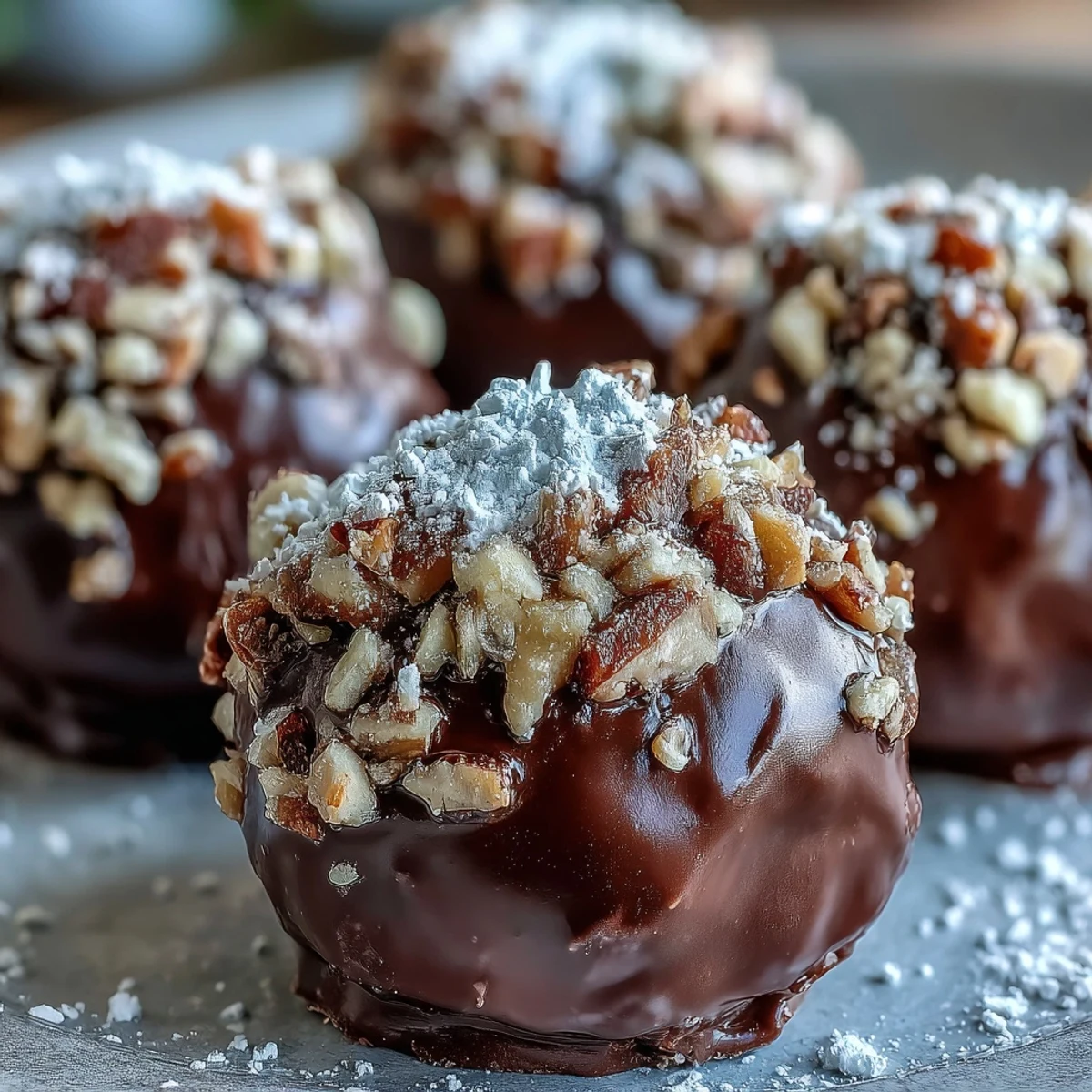 Easy French Chocolate Truffles dusted with cocoa powder on a rustic wooden board.
