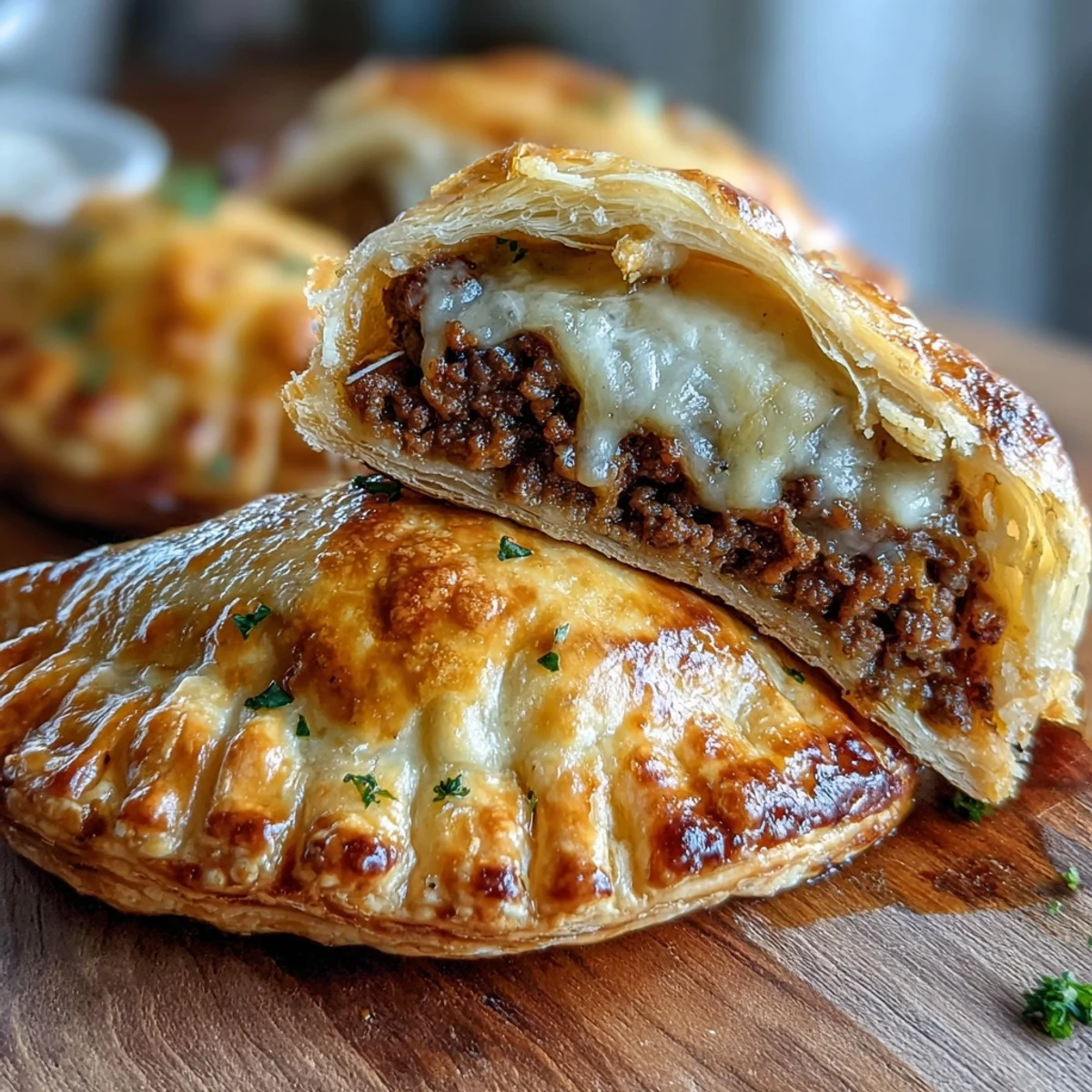 Bite-sized Mini Beef Tourtières rest on a plate, brushed with egg wash and filled with aromatic ground beef.